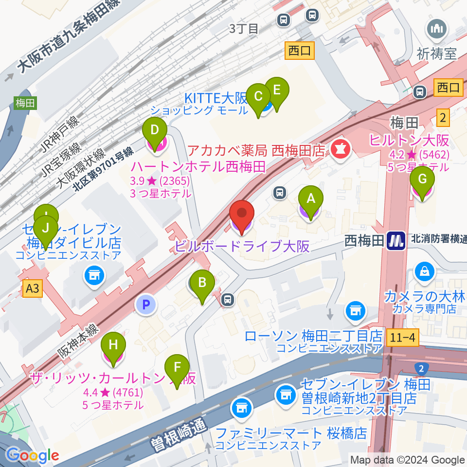 ビルボードライブ大阪周辺のホテル一覧地図