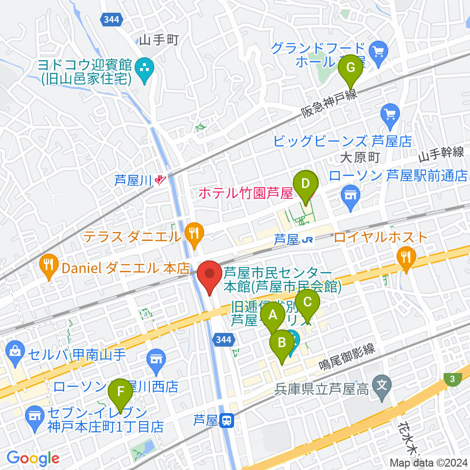 ルネサンスクラシックス芦屋ルナ・ホール周辺のホテル一覧地図