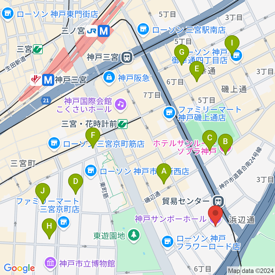 神戸サンボーホール周辺のホテル一覧地図