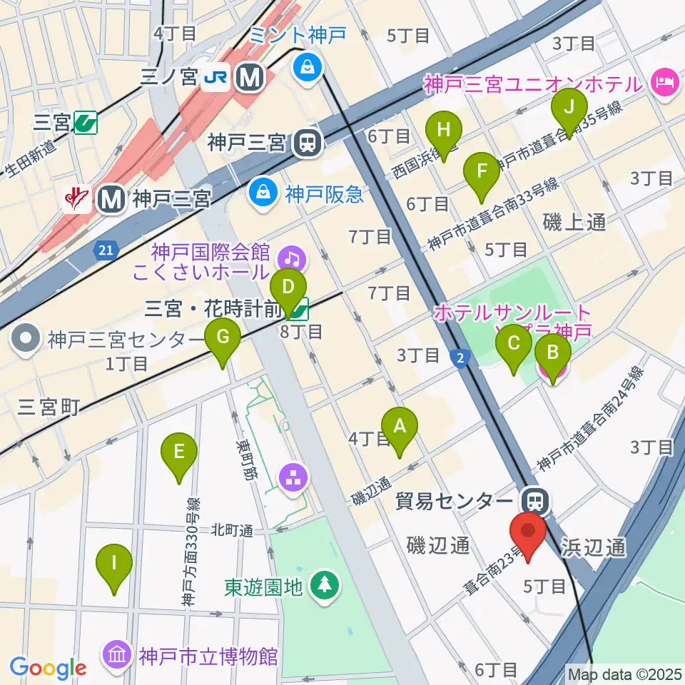 神戸サンボーホール周辺のホテル一覧地図