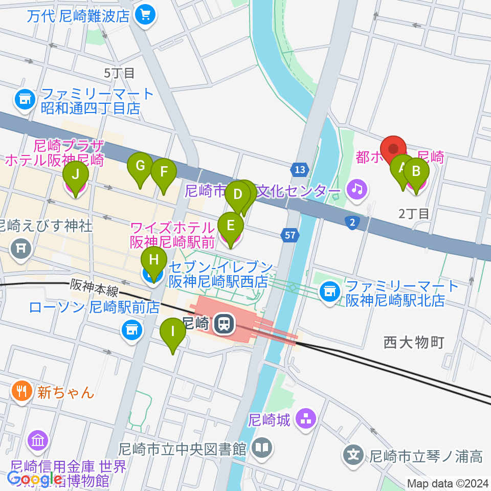 尼崎市総合文化センター周辺のホテル一覧地図