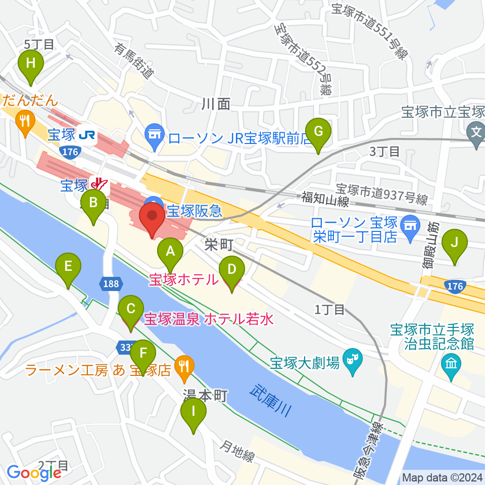 宝塚ソリオホール周辺のホテル一覧地図