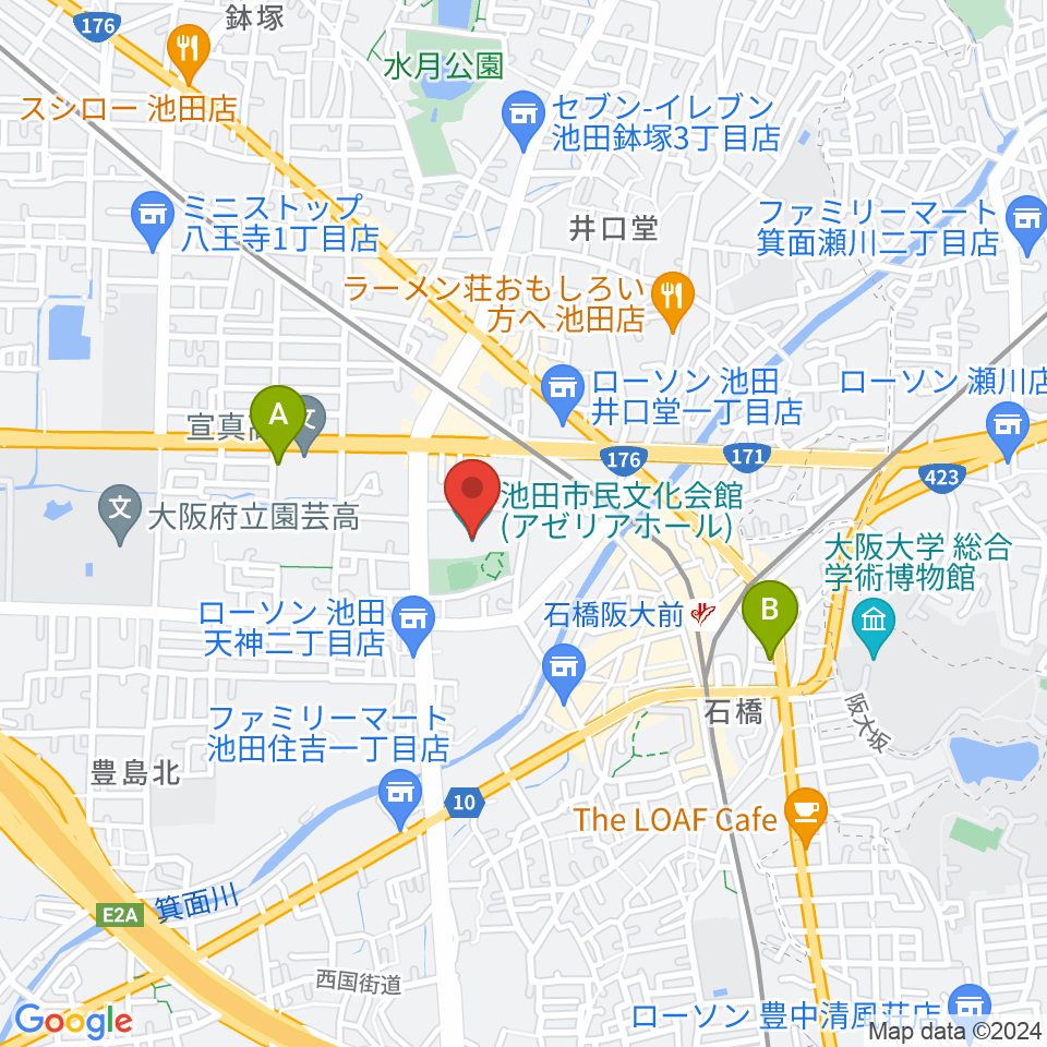 池田市民文化会館周辺のホテル一覧地図