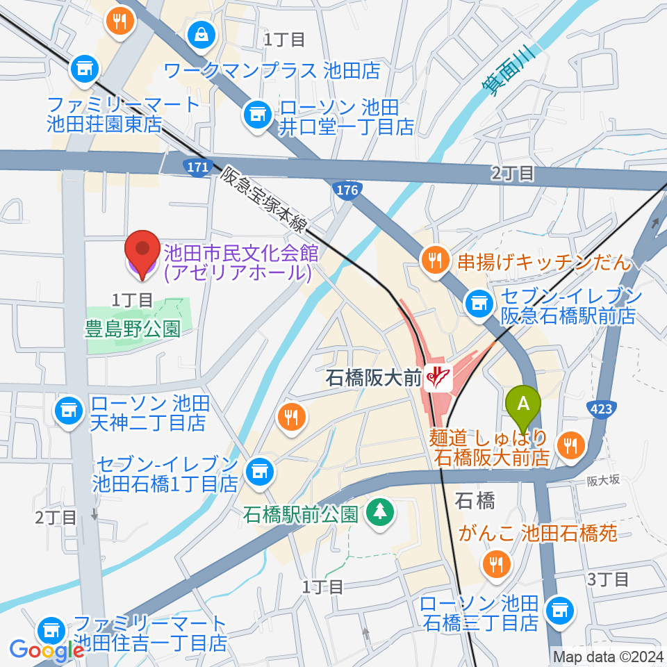 池田市民文化会館周辺のホテル一覧地図