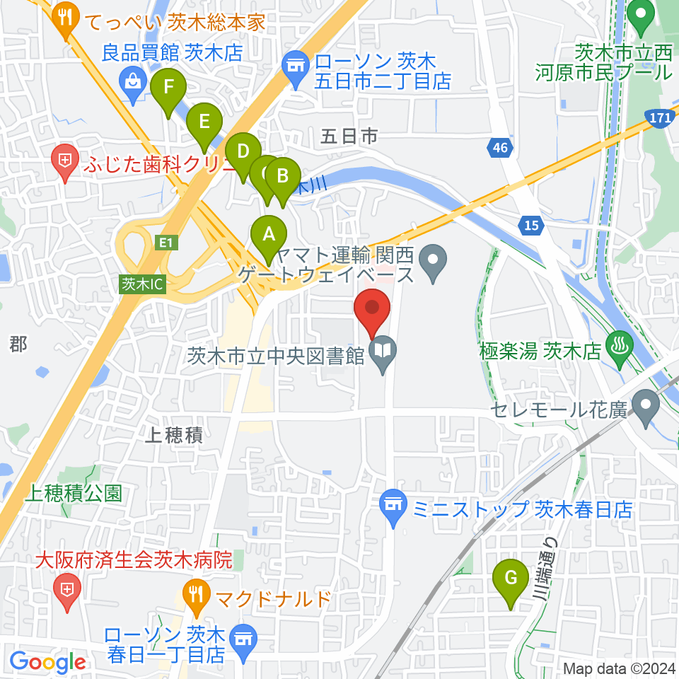 茨木市立生涯学習センターきらめき周辺のホテル一覧地図