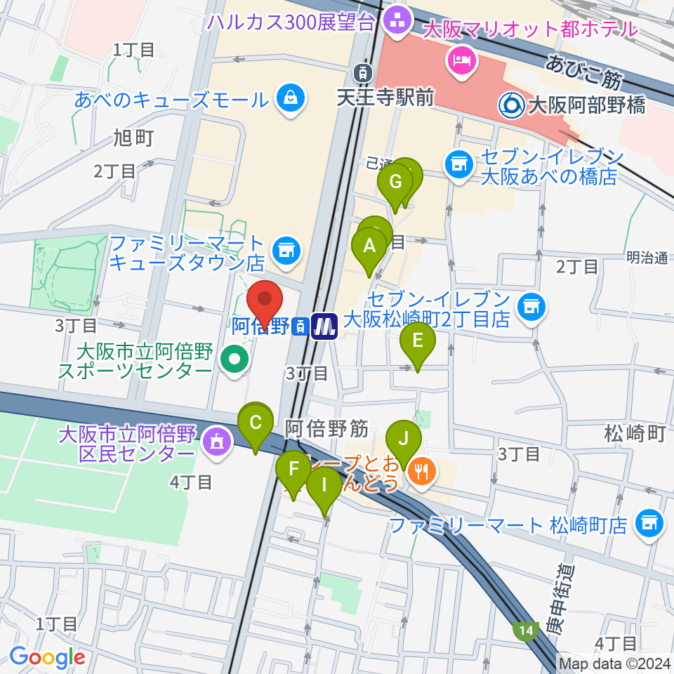 阿倍野市民学習センター周辺のホテル一覧地図