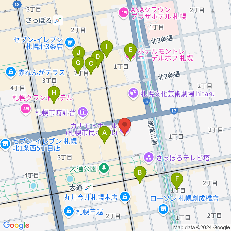 カナモトホール（札幌市民ホール）周辺のホテル一覧地図