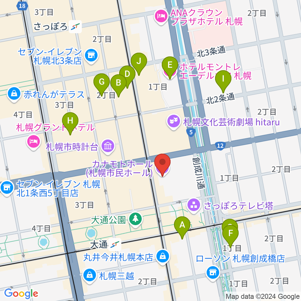 カナモトホール（札幌市民ホール）周辺のホテル一覧地図