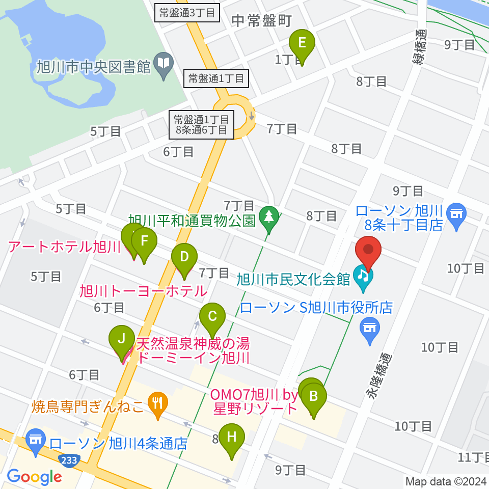 旭川市民文化会館周辺のホテル一覧地図