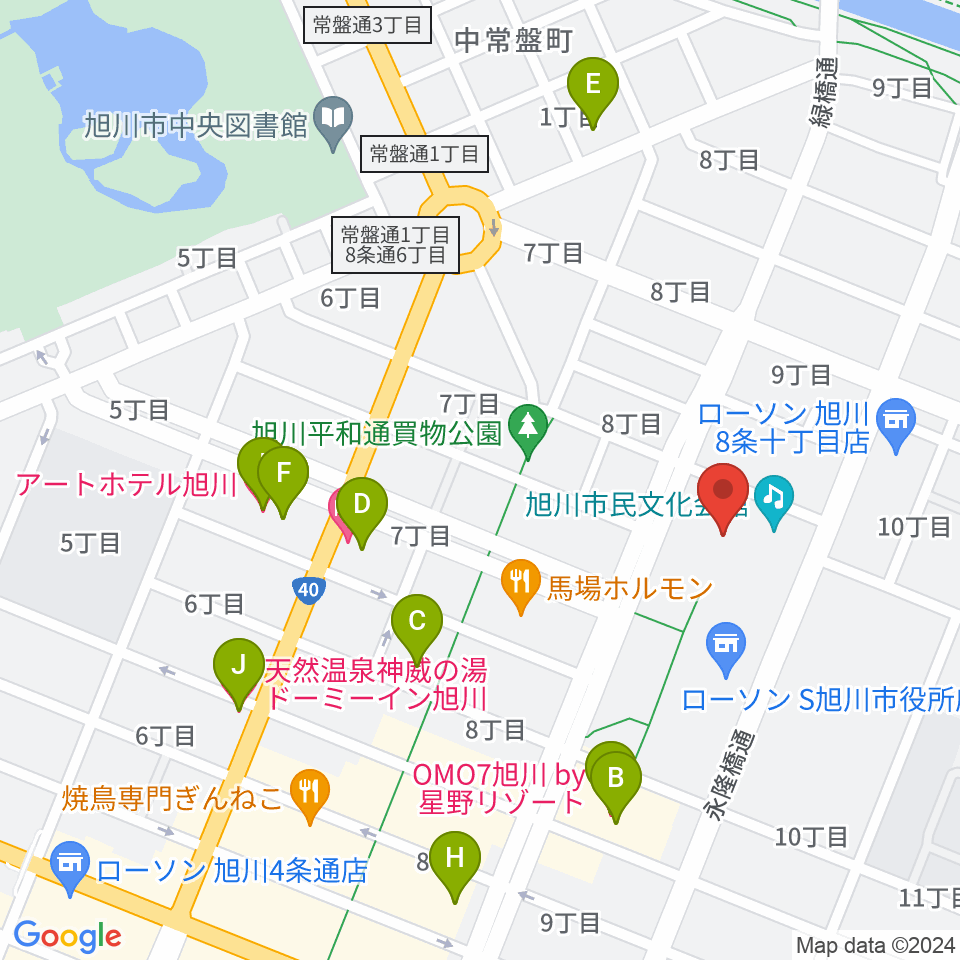 旭川市民文化会館周辺のホテル一覧地図