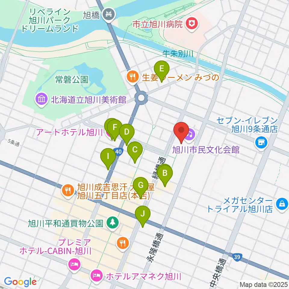 旭川市民文化会館周辺のホテル一覧地図