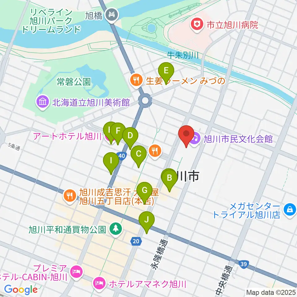 旭川市民文化会館周辺のホテル一覧地図