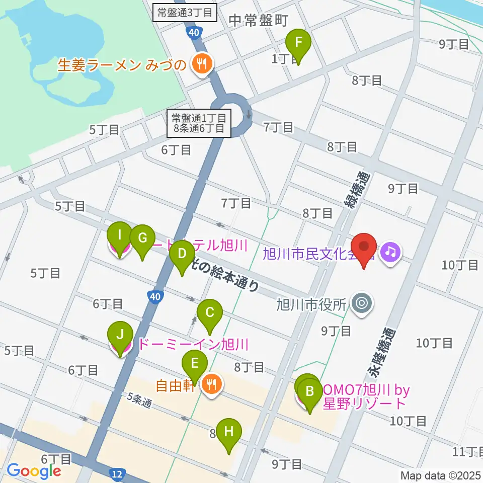 旭川市民文化会館周辺のホテル一覧地図