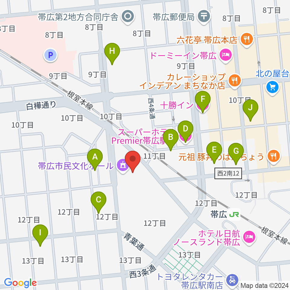 帯広市民文化ホール周辺のホテル一覧地図