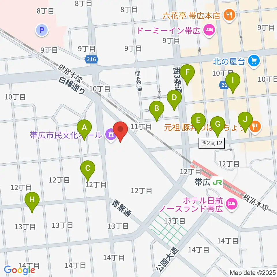 帯広市民文化ホール周辺のホテル一覧地図