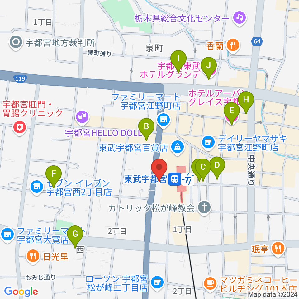 宇都宮ヘブンズロック周辺のホテル一覧地図