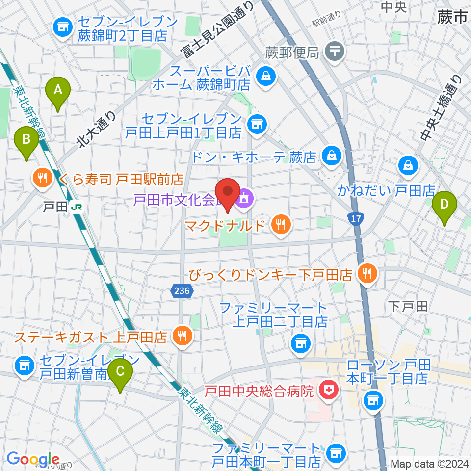 戸田市文化会館周辺のホテル一覧地図