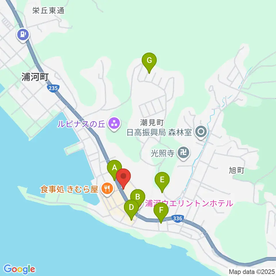 浦河町総合文化会館周辺のホテル一覧地図