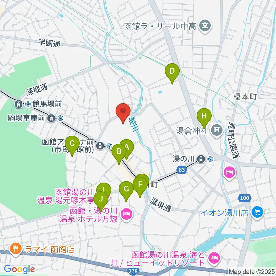 函館市民会館周辺のホテル一覧地図