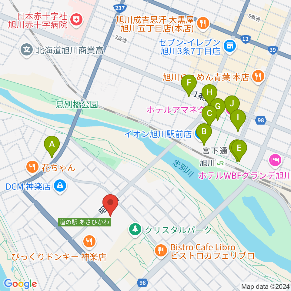 旭川市大雪クリスタルホール周辺のホテル一覧地図