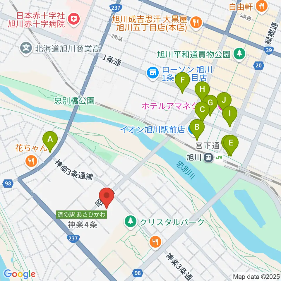 旭川市大雪クリスタルホール周辺のホテル一覧地図