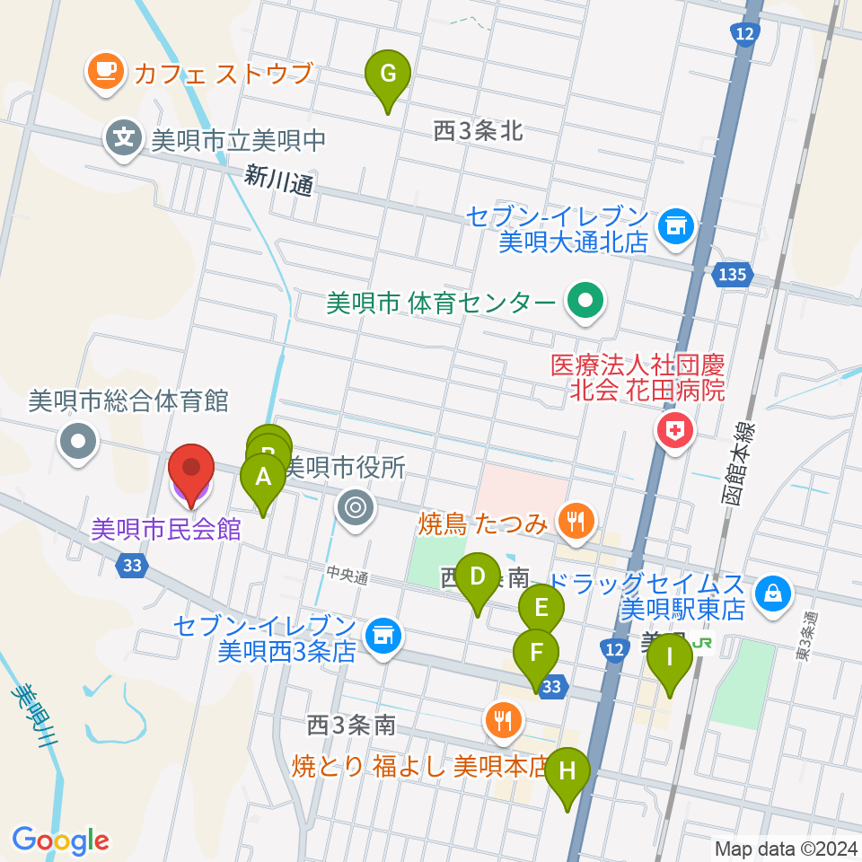 美唄市民会館周辺のホテル一覧地図