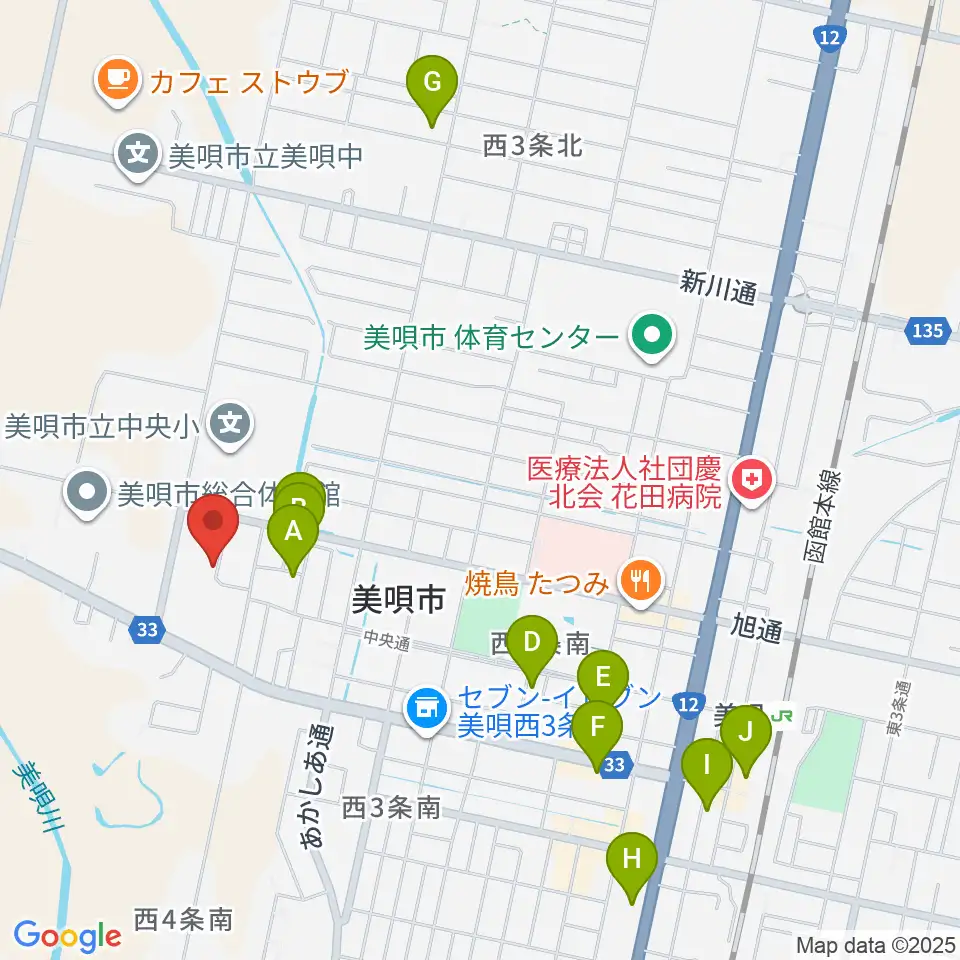 美唄市民会館周辺のホテル一覧地図