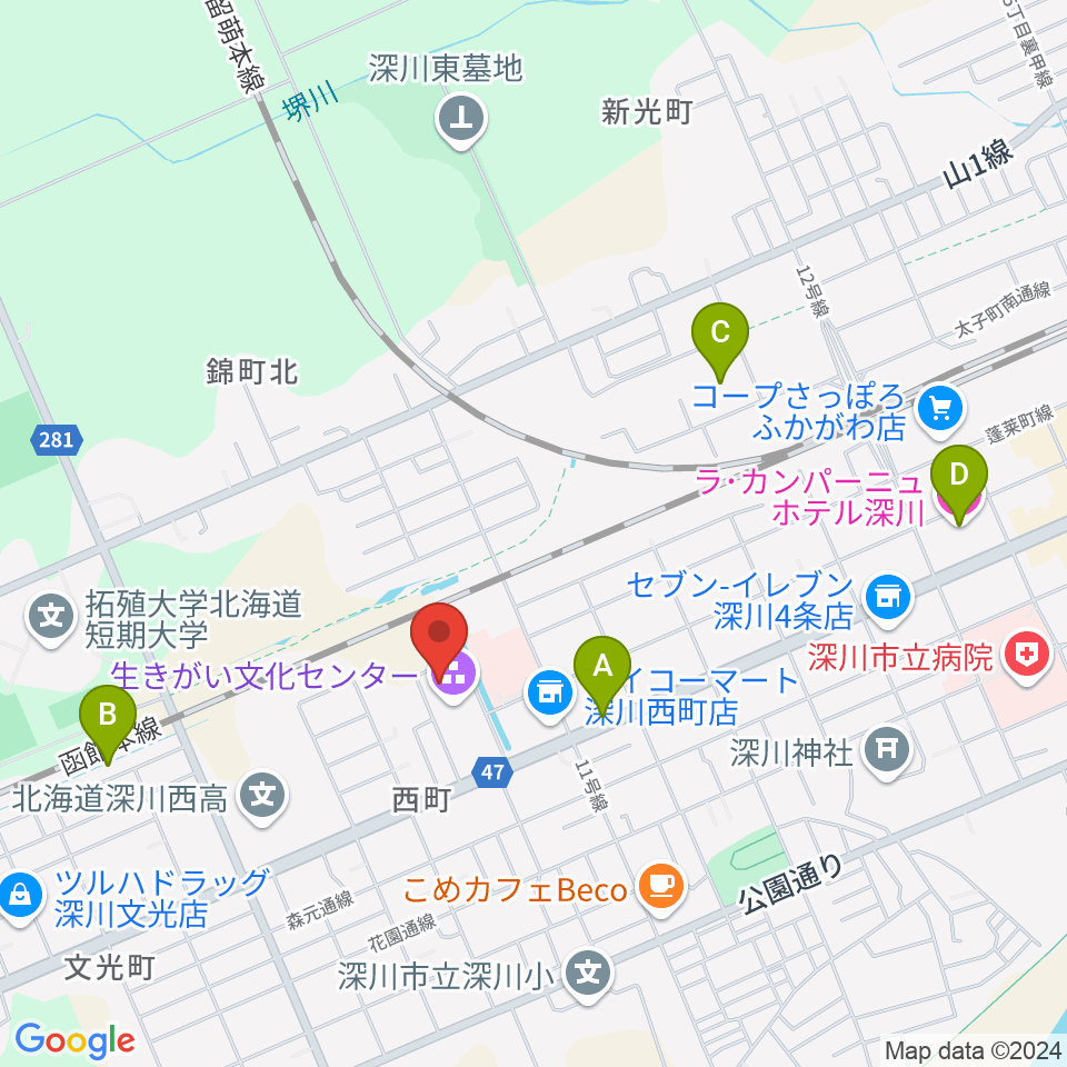 深川市生きがい文化センター周辺のホテル一覧地図