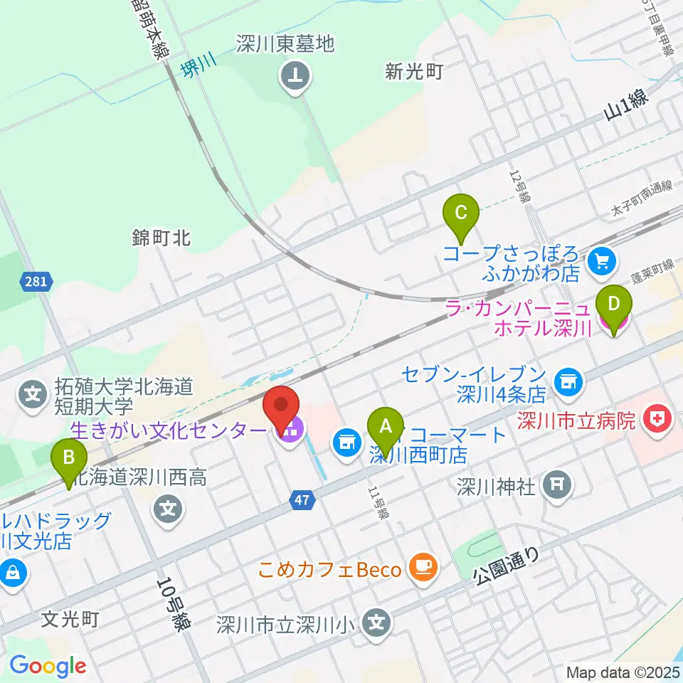 深川市生きがい文化センター周辺のホテル一覧地図