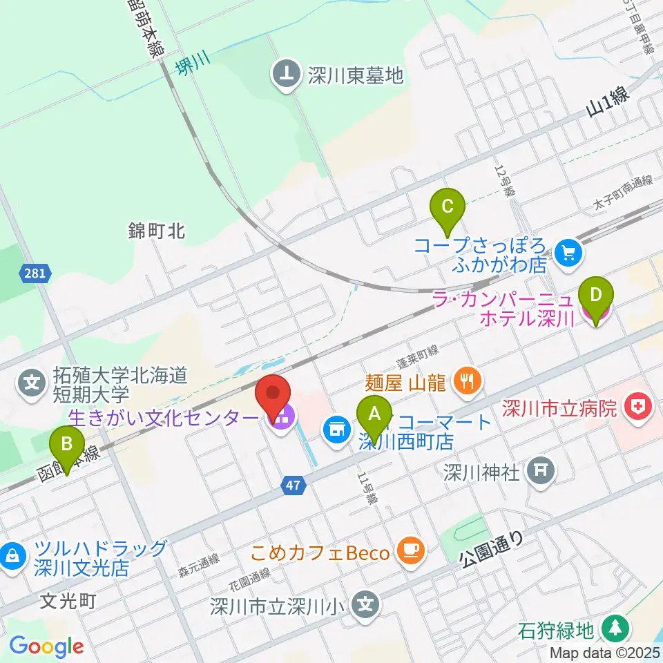 深川市生きがい文化センター周辺のホテル一覧地図