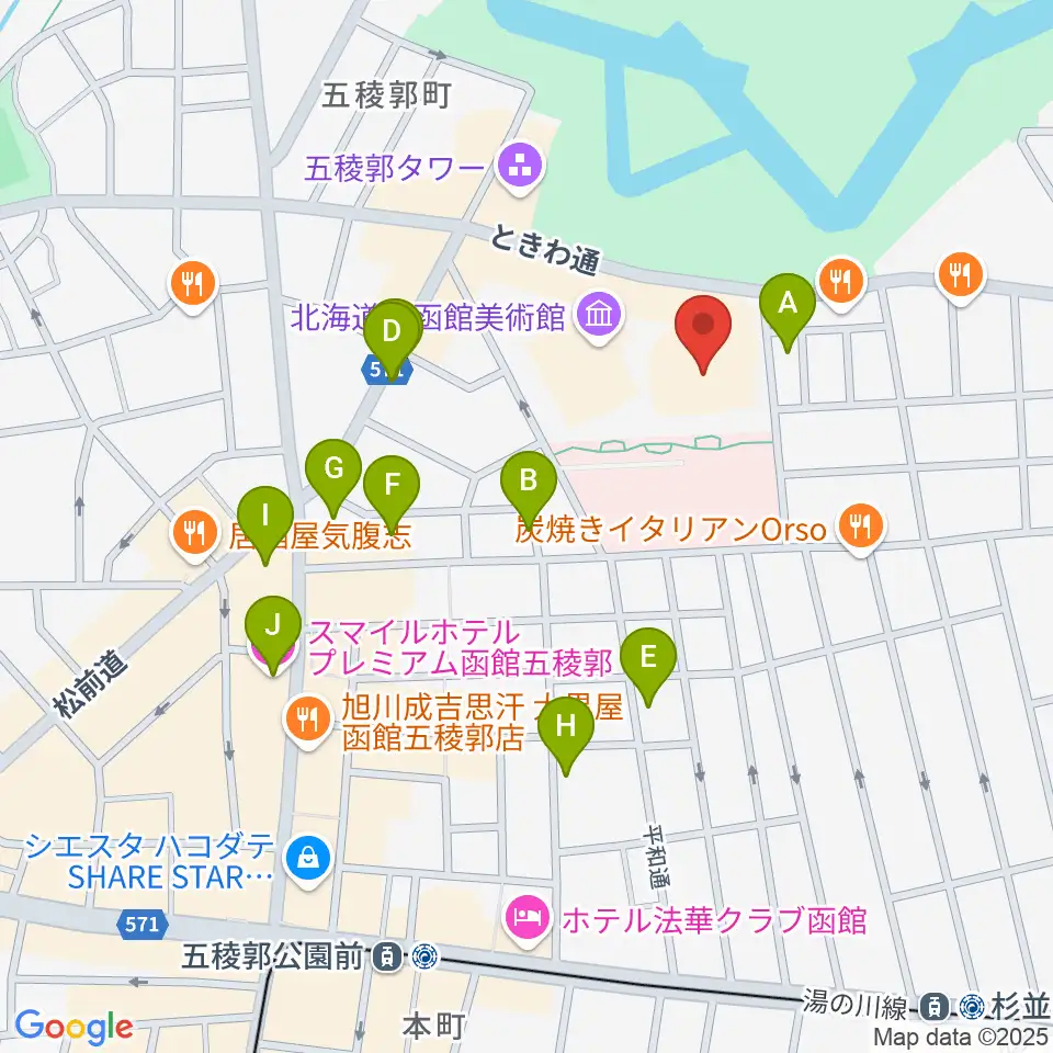 函館市芸術ホール ハーモニー五稜郭周辺のホテル一覧地図