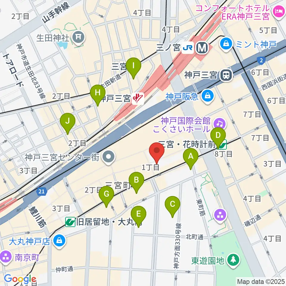 ベースオントップ三宮店周辺のホテル一覧地図