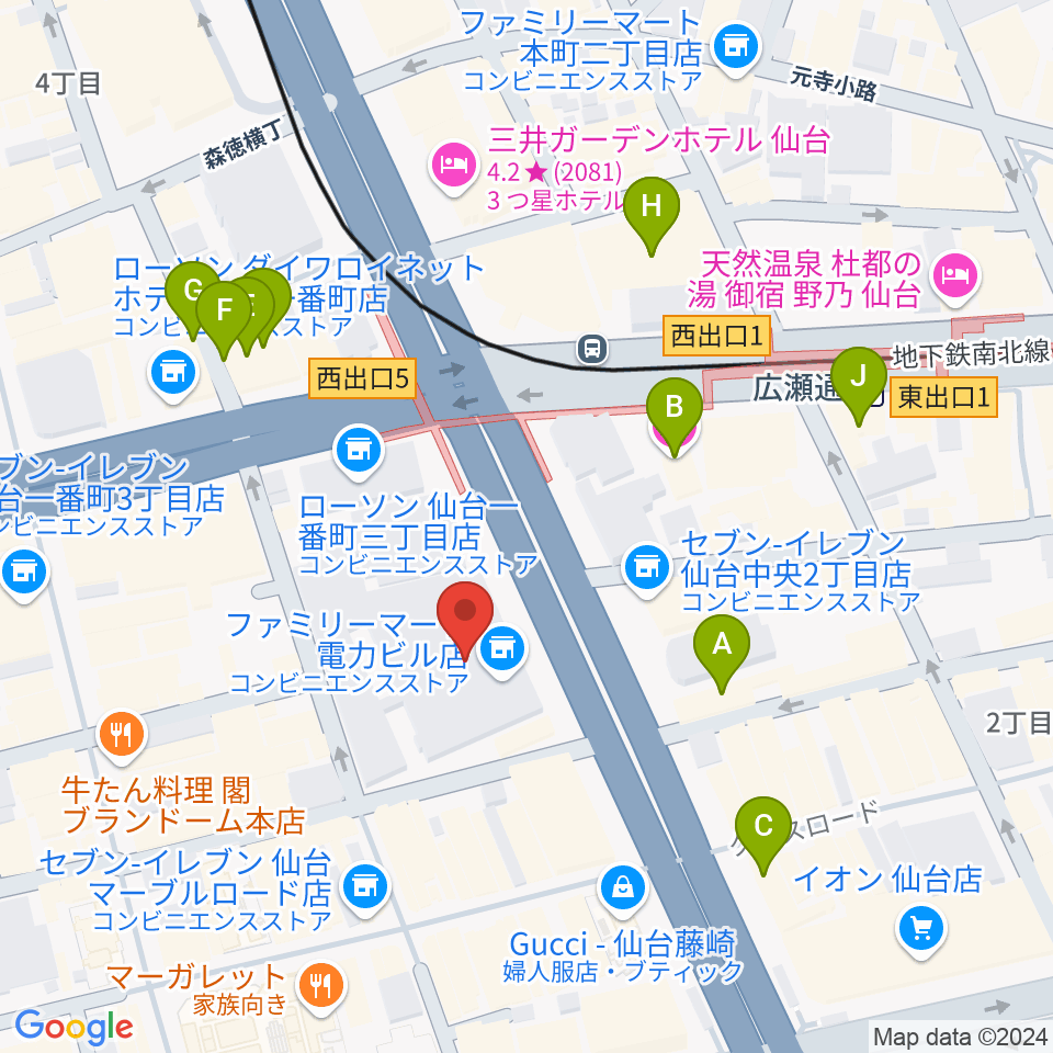 仙台電力ホール周辺のホテル一覧地図