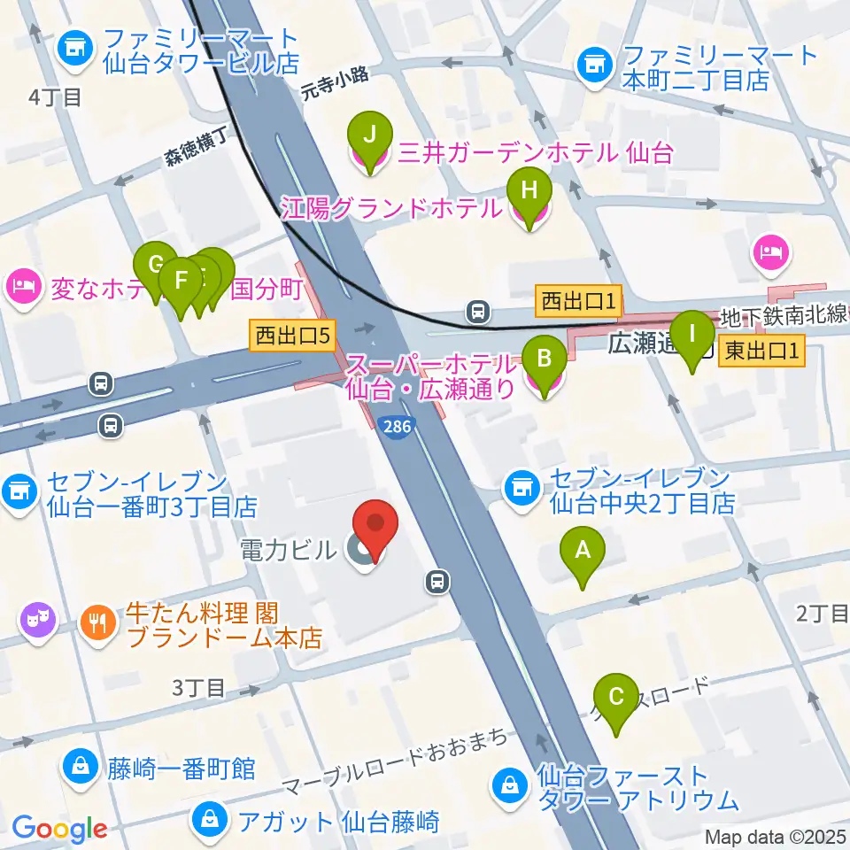 仙台電力ホール周辺のホテル一覧地図