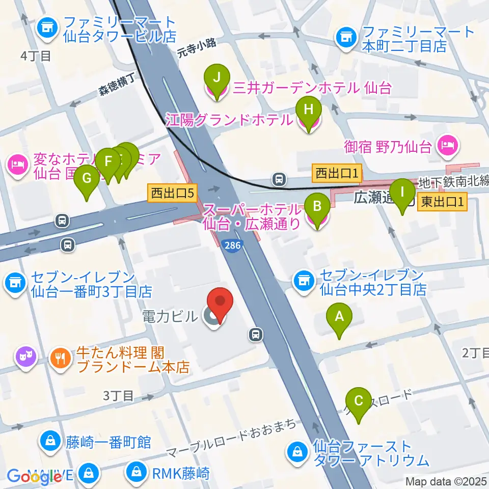 仙台電力ホール周辺のホテル一覧地図