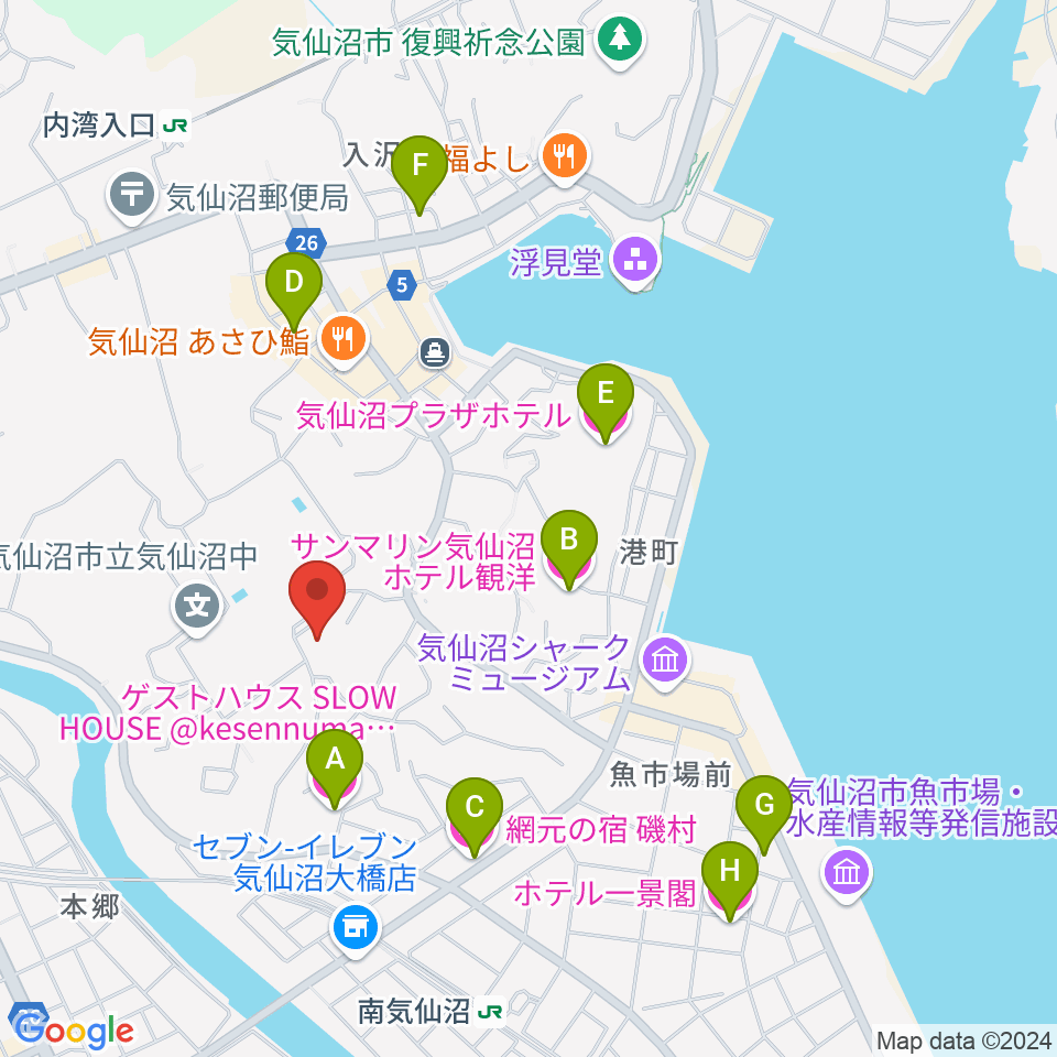 気仙沼市民会館周辺のホテル一覧地図