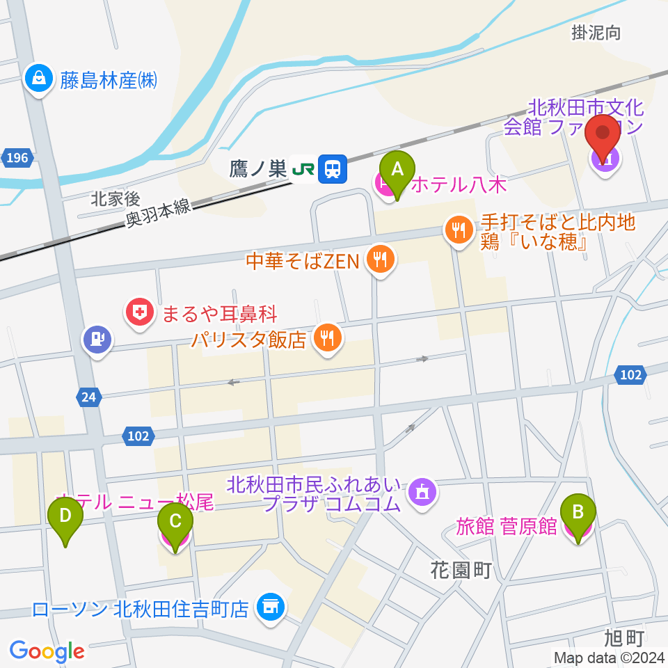 北秋田市文化会館ファルコン周辺のホテル一覧地図