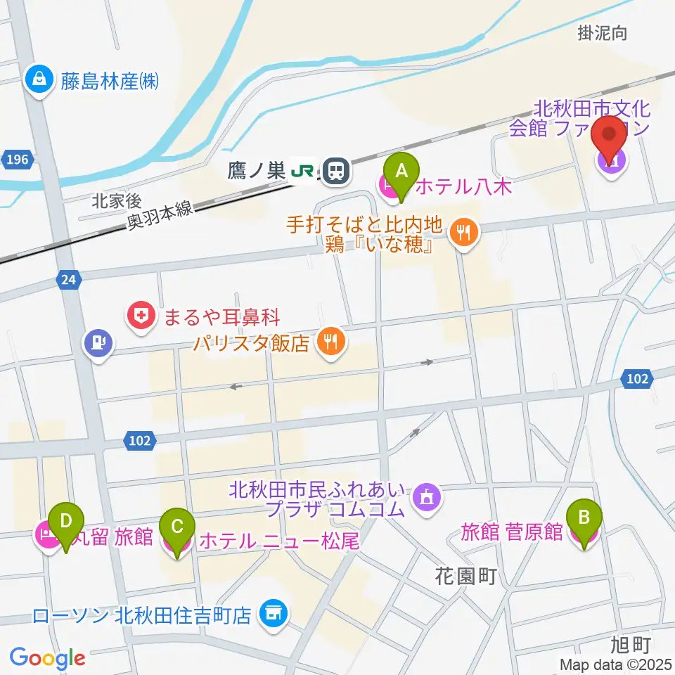 北秋田市文化会館ファルコン周辺のホテル一覧地図