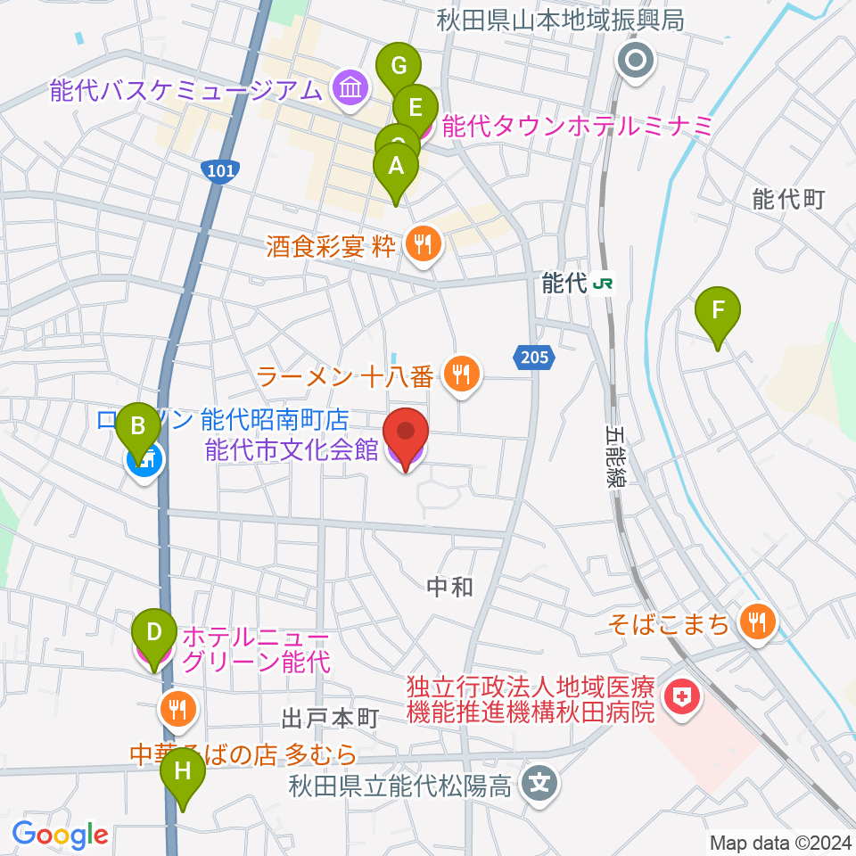 能代市文化会館周辺のホテル一覧地図