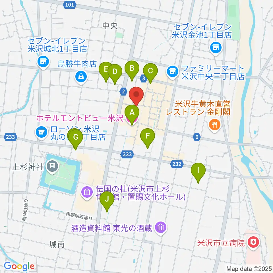 米沢市市民文化会館周辺のホテル一覧地図