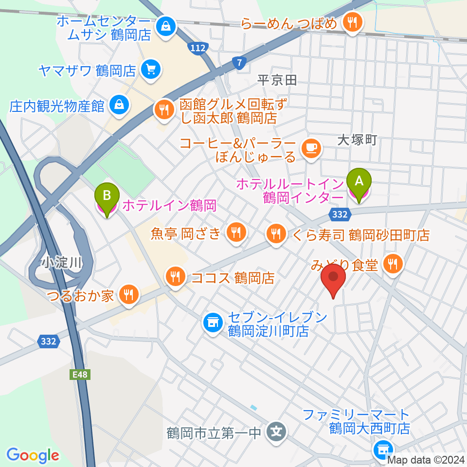 鶴岡市中央公民館周辺のホテル一覧地図