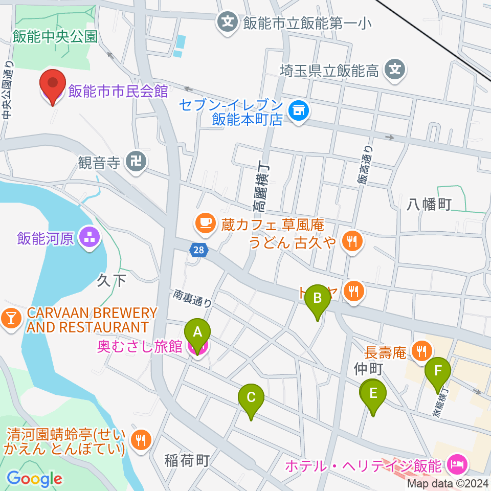 飯能市市民会館周辺のホテル一覧地図