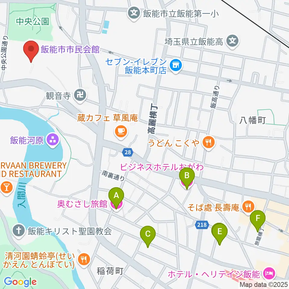 飯能市市民会館周辺のホテル一覧地図