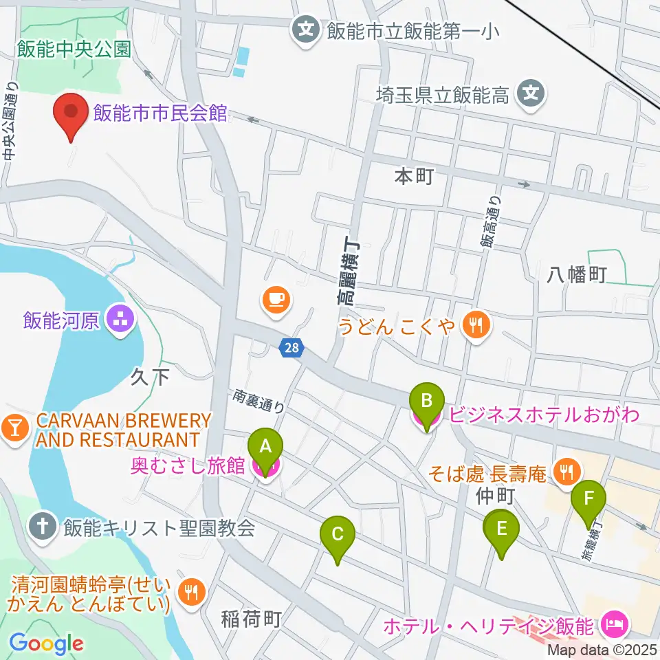 飯能市市民会館周辺のホテル一覧地図