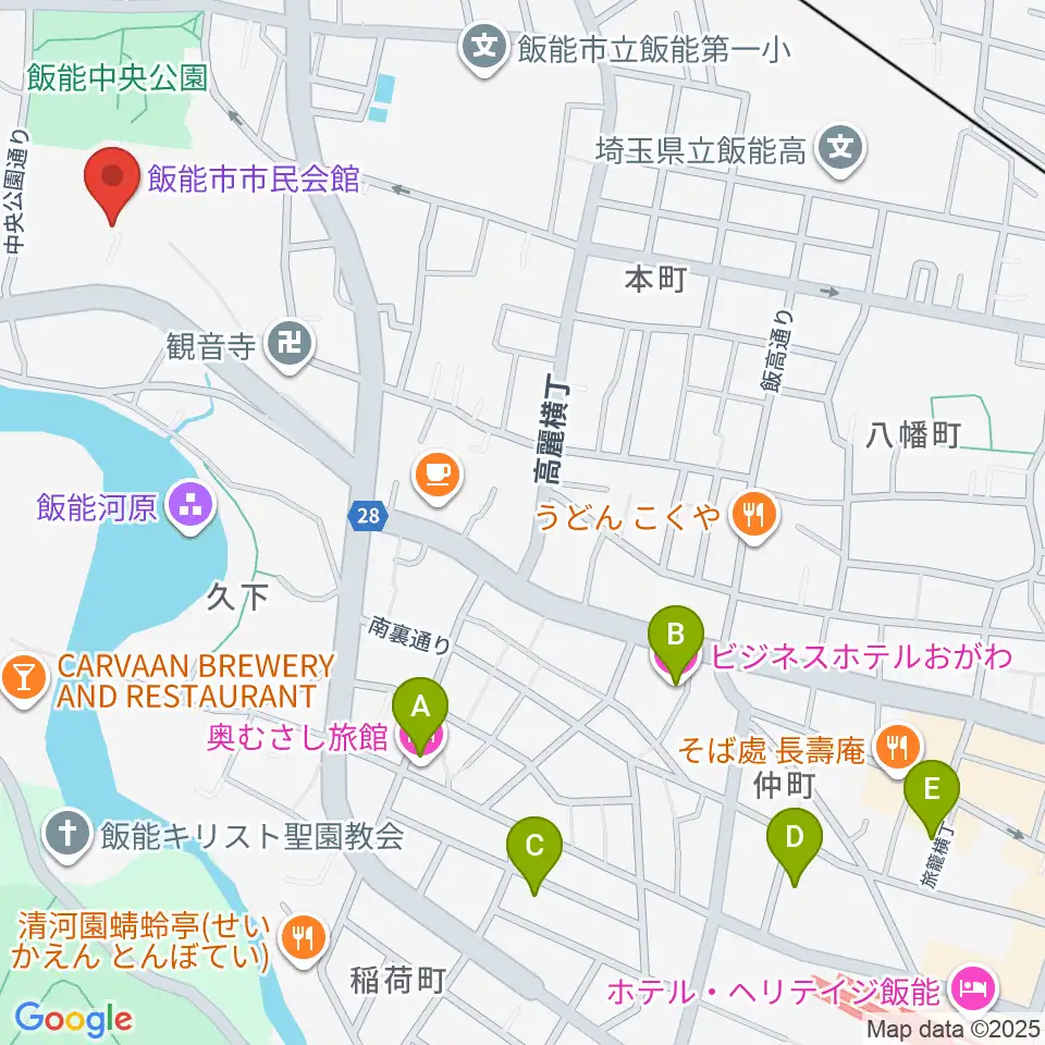 飯能市市民会館周辺のホテル一覧地図