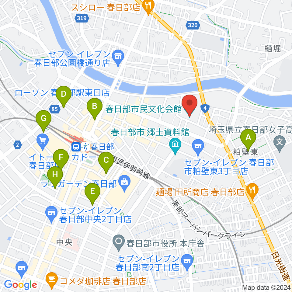 春日部市民文化会館周辺のホテル一覧地図
