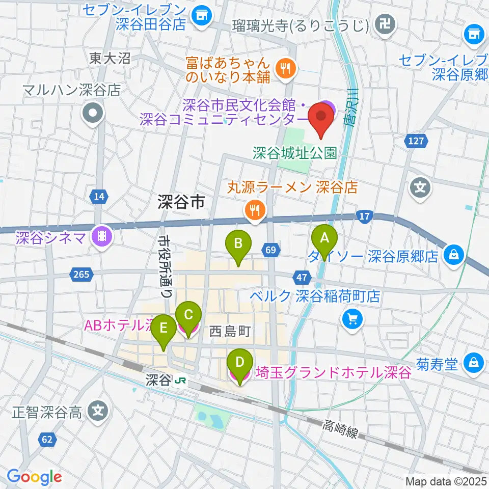 深谷市民文化会館周辺のホテル一覧地図