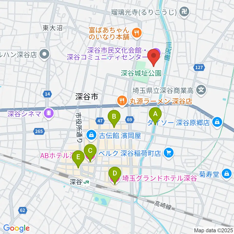 深谷市民文化会館周辺のホテル一覧地図