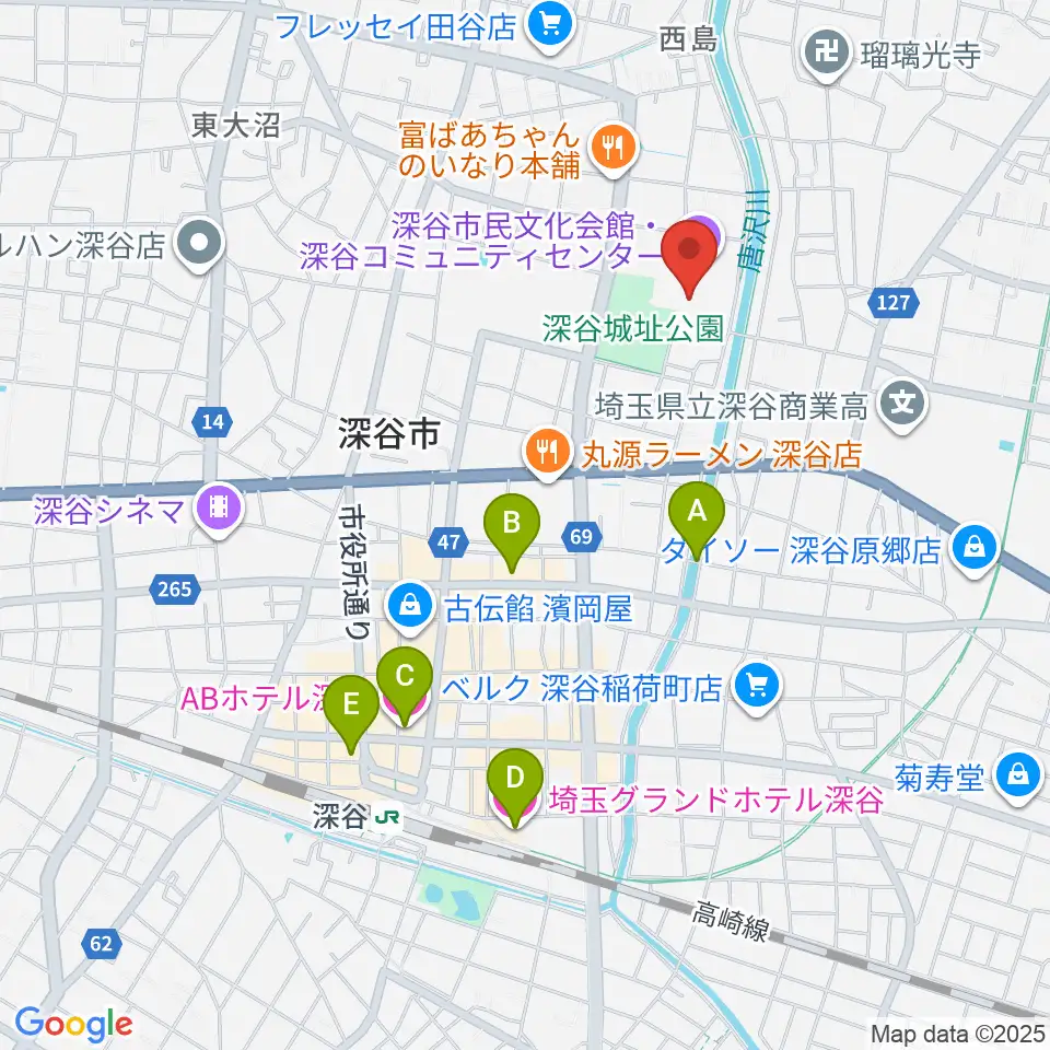 深谷市民文化会館周辺のホテル一覧地図
