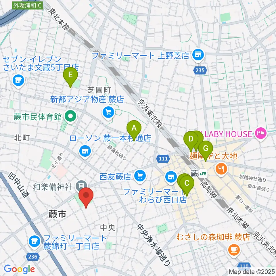 蕨市民会館周辺のホテル一覧地図